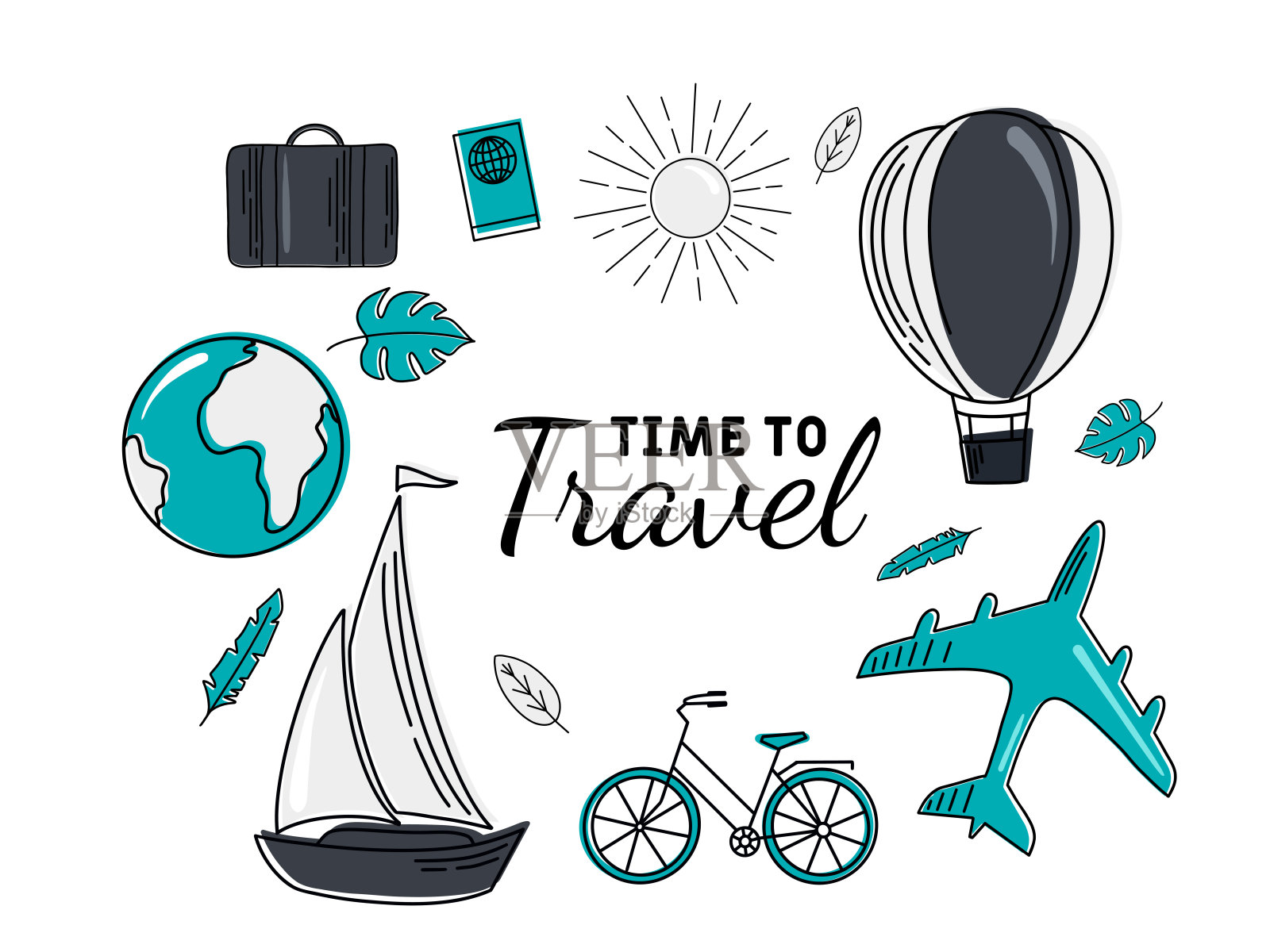 平面设计风格现代矢量插图图标集合了飞机旅行、计划暑假、旅游和旅行的对象。插画图片素材