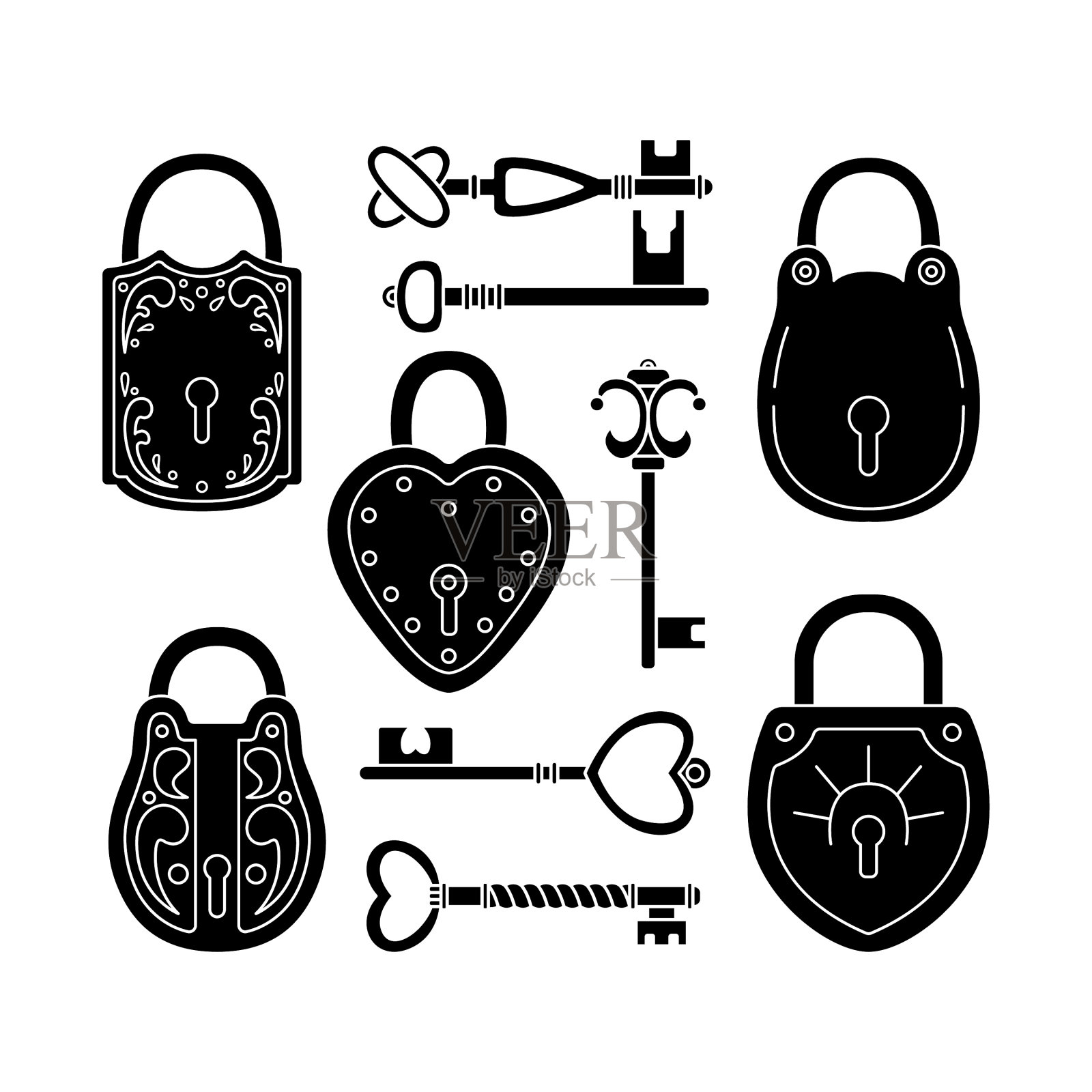 设置与复古钥匙和锁插画图片素材