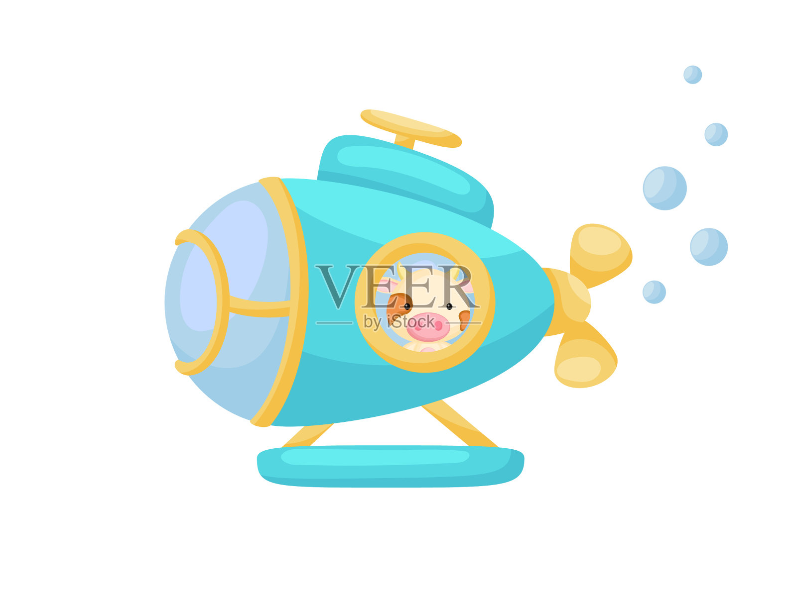 可爱的小母牛在绿松石潜艇上航行插画图片素材