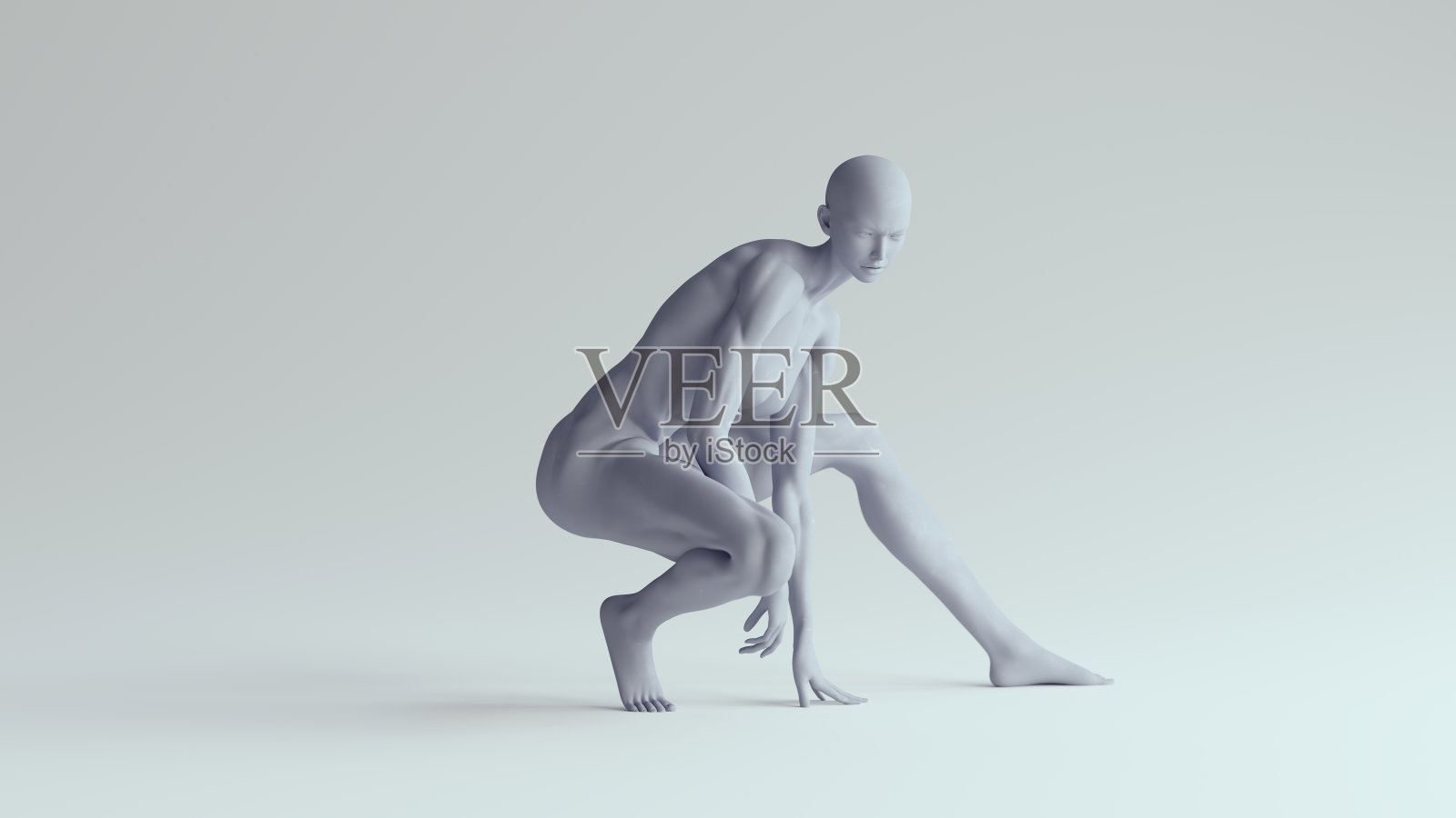 由蓝色塑料制成的高肌肉女性蹲伏姿势照片摄影图片