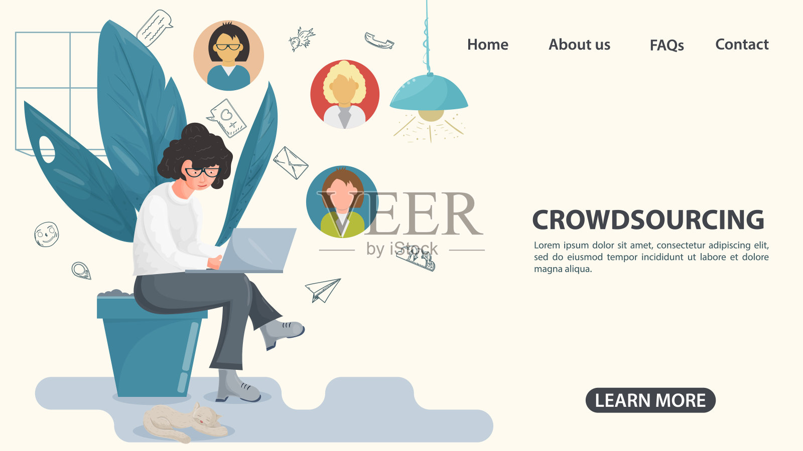 一个女孩拿着笔记本电脑坐在一朵大花上，在互联网上交流用平面风格众包插图的概念插画图片素材