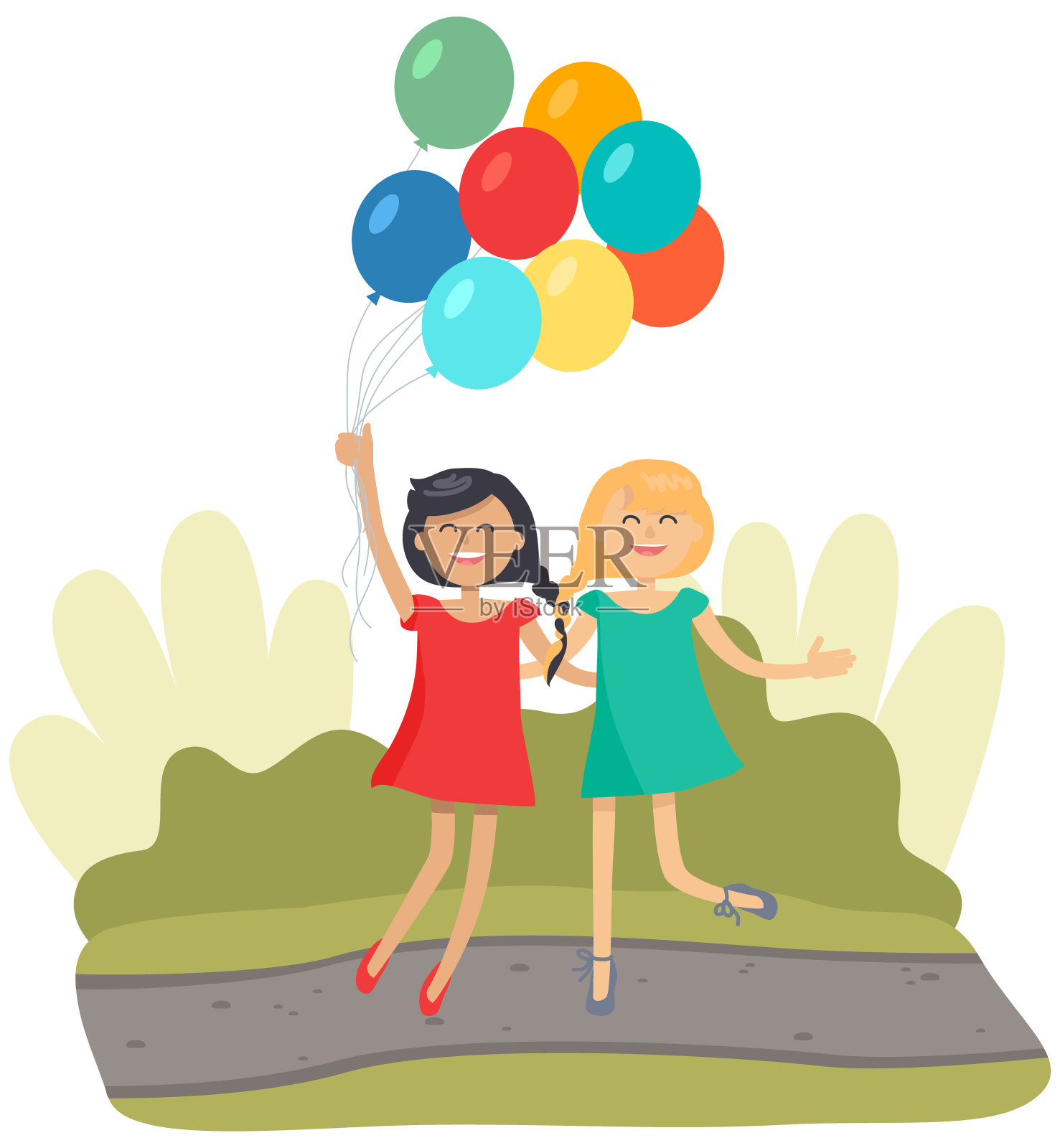 小女孩们拿着气球又跳又笑。快乐的孩子们在公园里悠闲地散步插画图片素材