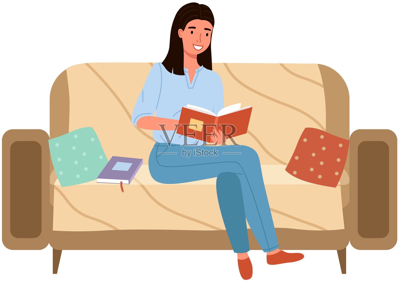 女性在家中阅读文学作品。一个年轻的女人坐在扶手椅上，手里拿着一本书插画图片素材