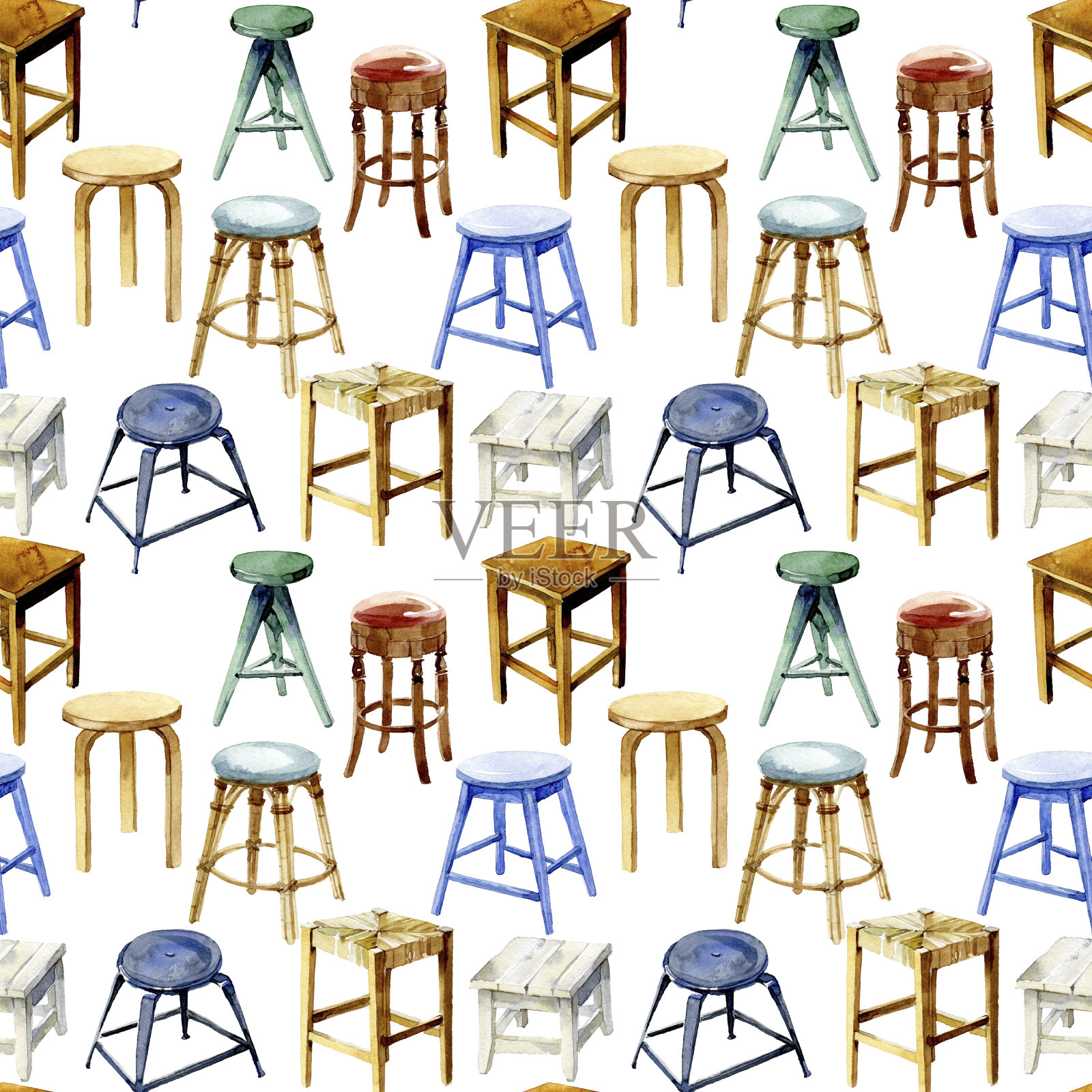 水彩无背凳套。插画图片素材