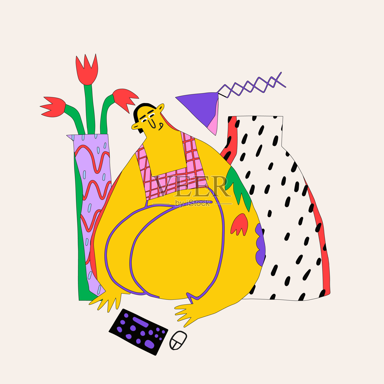 少数民族妇女在家靠电脑工作。工作生活平衡，自爱，身体表现。自由女孩的家庭生活方式。背景上有花的花瓶。和谐与整体健康插画图片素材