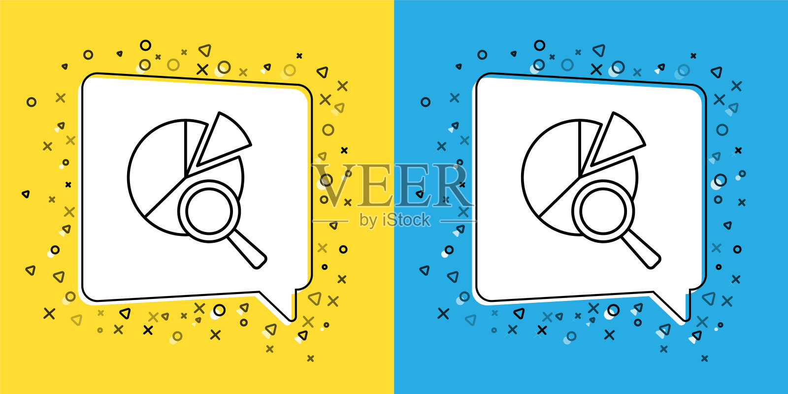 将线放大镜和数据分析图标隔离在黄色和蓝色的背景上。搜索信号。向量插画图片素材