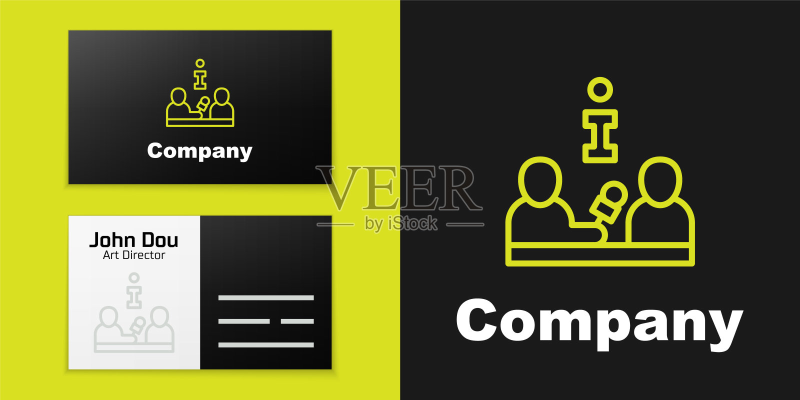 采访名人图标孤立在黑色背景上。电视或网络广播，记者与名人谈话。Logo设计模板元素。向量插画图片素材