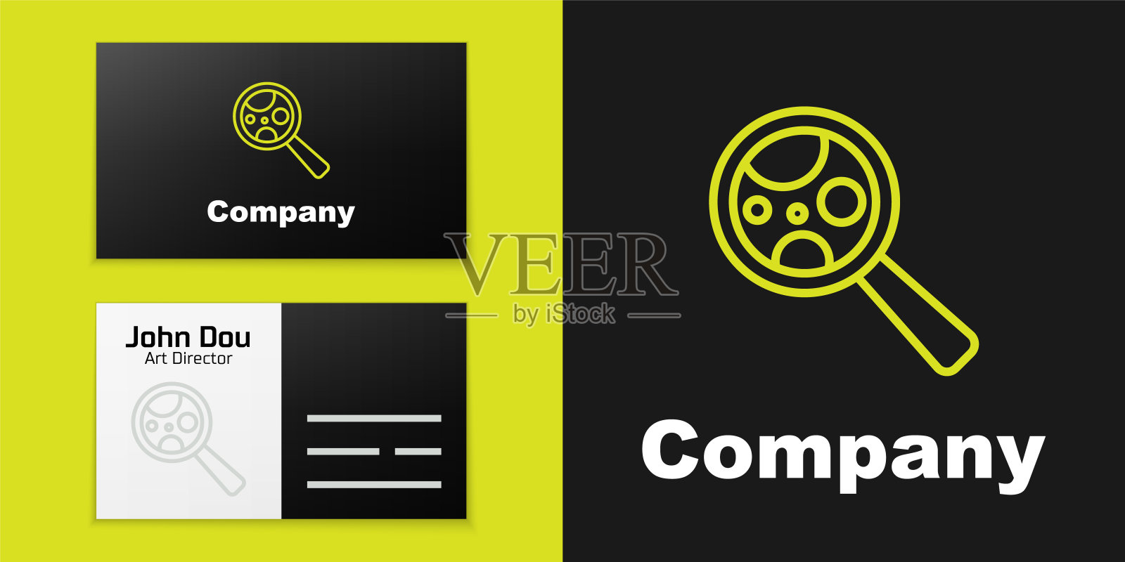 标识线微生物在放大镜图标下隔离在黑色背景。细菌和病菌，细胞癌症，微生物，病毒，真菌。Logo设计模板元素。向量插画图片素材