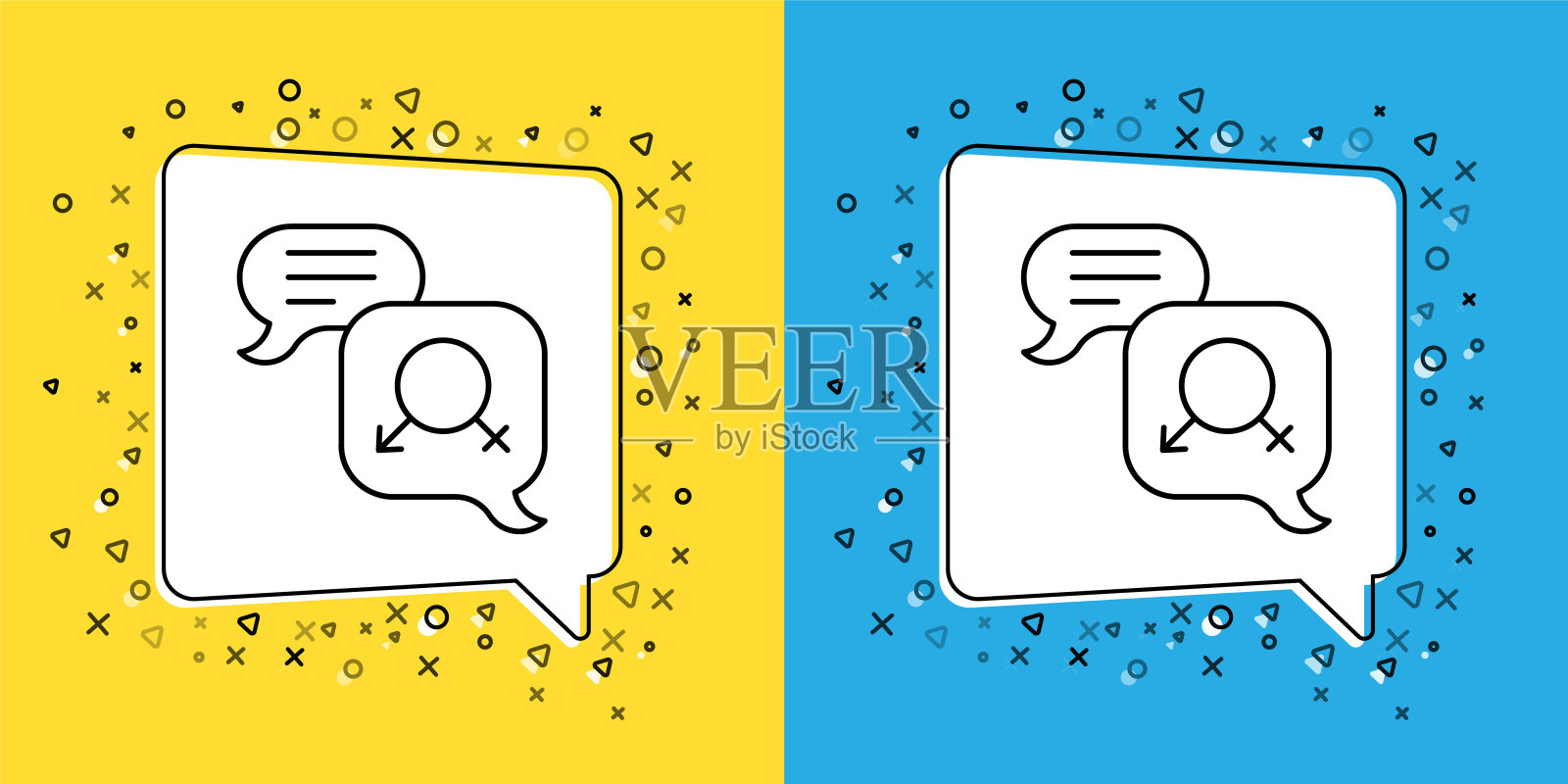 设置线性别平等图标孤立在黄色和蓝色背景。同工同酬、机会均等的经营理念。向量插画图片素材