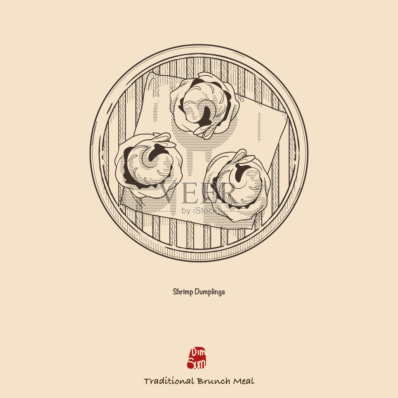 手绘向量点心插图，蒸饺。复古风格的设计。由单色的半色调点和线绘制，易于在不同颜色的背景上使用。插画图片素材