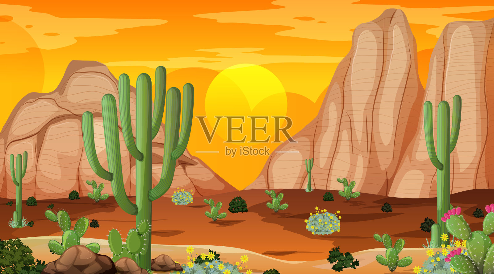 沙漠森林景观日落时分景象与许多仙人掌插画图片素材