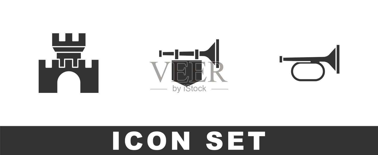 设置城堡城堡喇叭与旗帜和图标图标素材