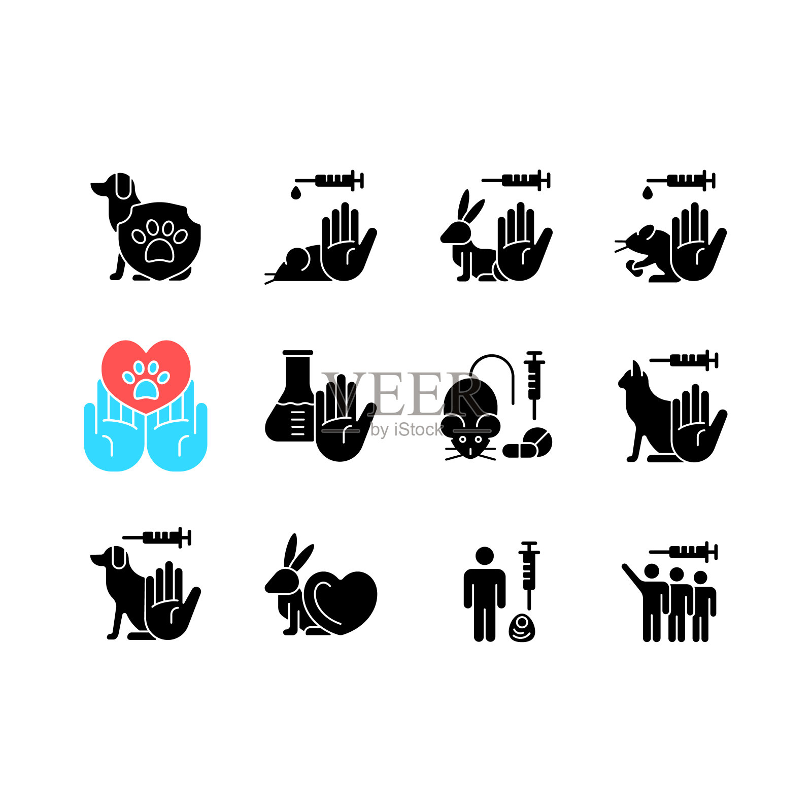 没有动物试验黑色符号图标设置在空白插画图片素材