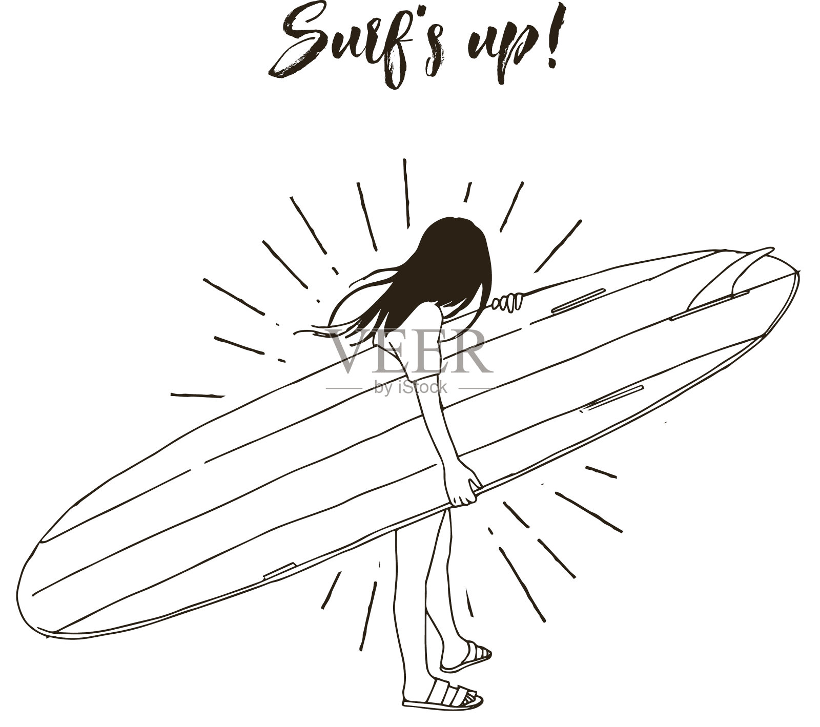 年轻女孩在海滩上拿着冲浪板插画图片素材