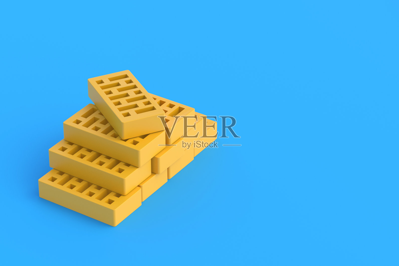 蓝色背景上的一堆多孔粘土砖。房屋建筑。建筑改造。副本的空间。三维渲染照片摄影图片