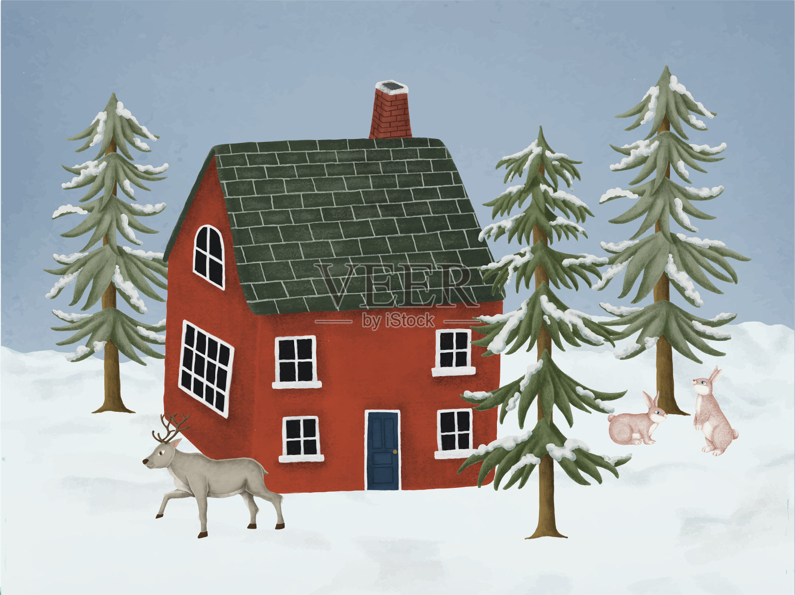 手绘的红房子围绕着野生动物插画图片素材