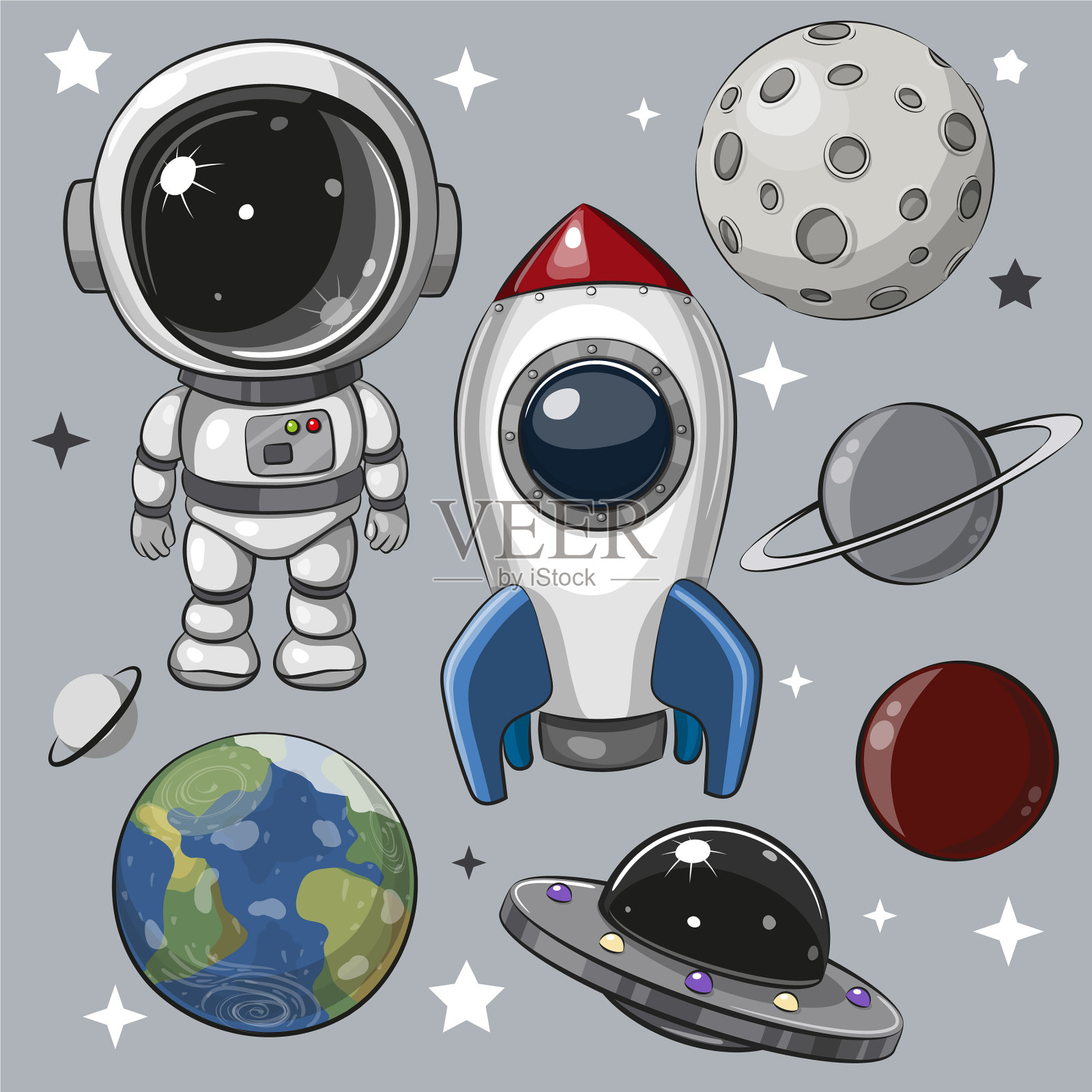 设定宇航员、火箭和行星插画图片素材