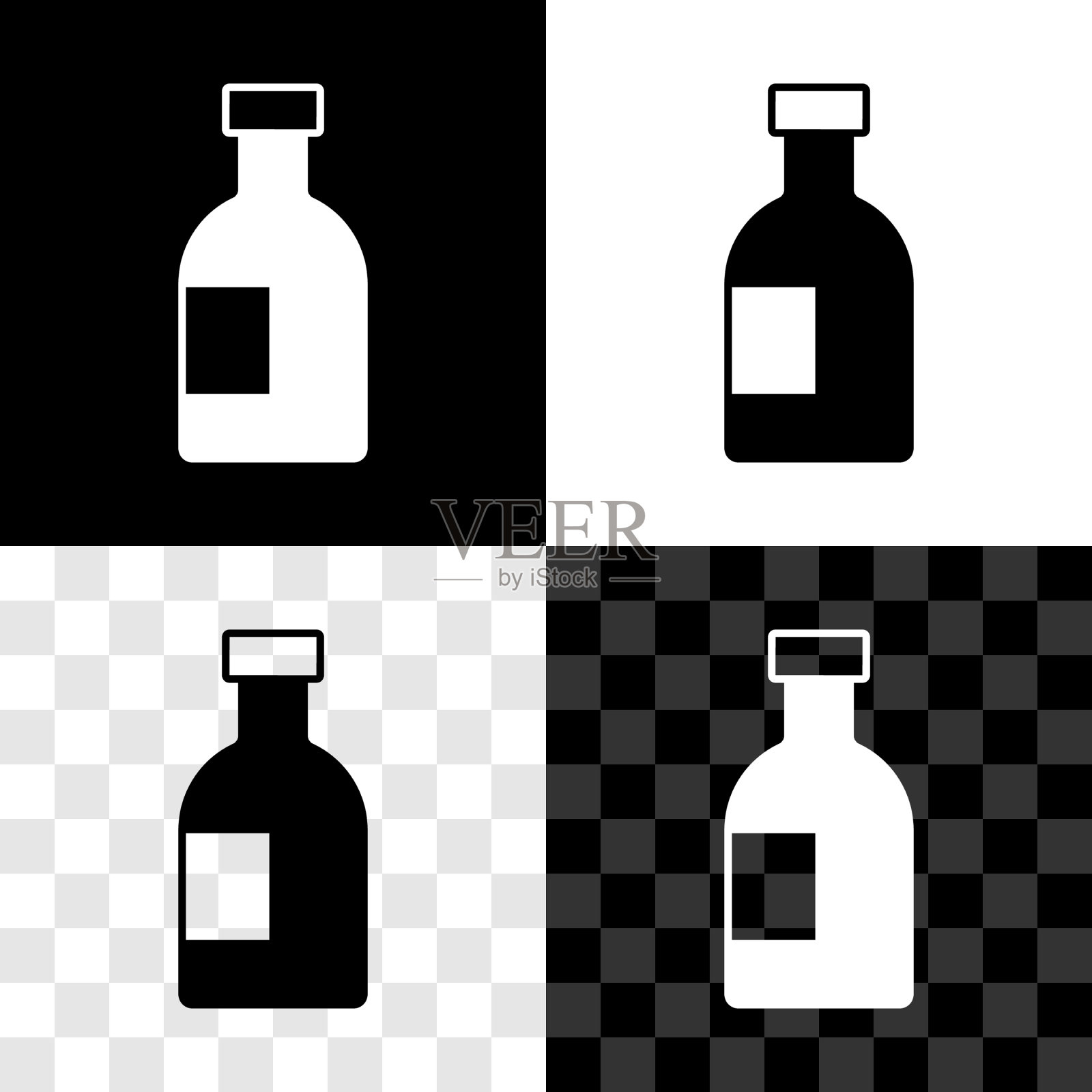 设置玻璃瓶伏特加图标孤立在黑色图标素材