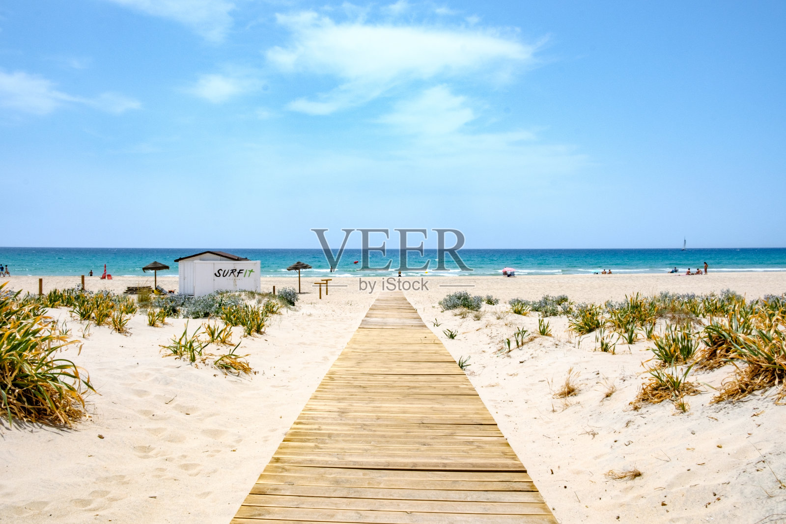 在通往大海的路上，海滩上的天然木栈道越过沙滩照片摄影图片