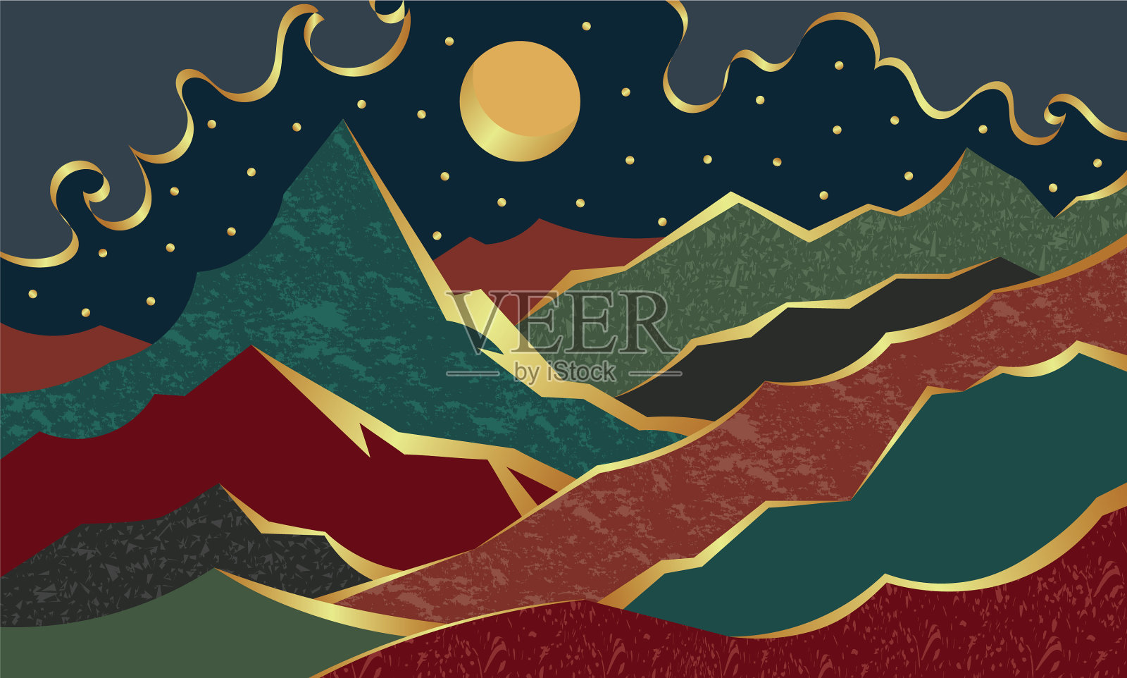 夜深人稀，山谷中有月亮和星星插画图片素材