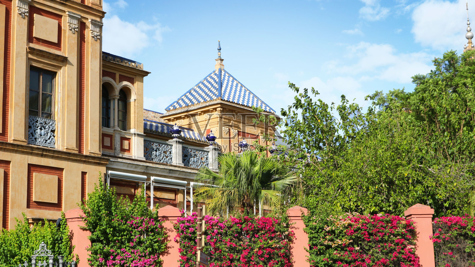 美丽的建筑，树木环绕的建筑，粉红色的花朵在墙上，蓝色的天空和白云，有一种美好的家的感觉照片摄影图片