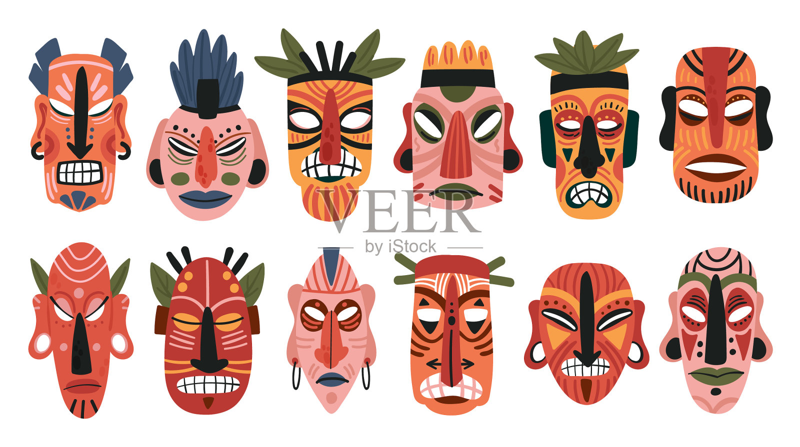 非洲部落木图腾面具集提基面具插画图片素材