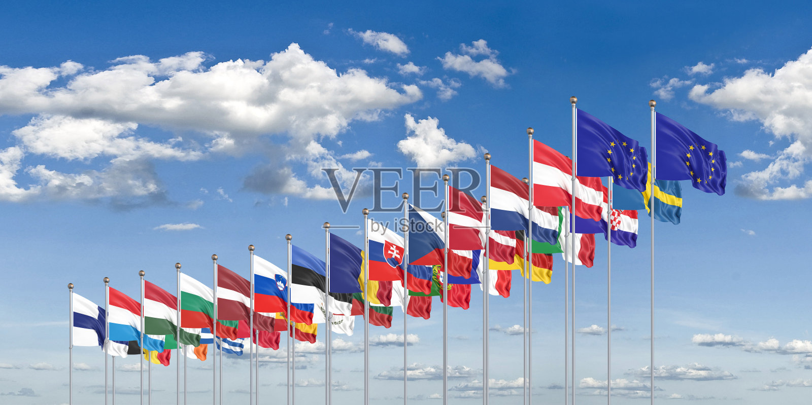 27个挥舞着欧盟成员国国旗的国家。云背景。3 d演示。照片摄影图片