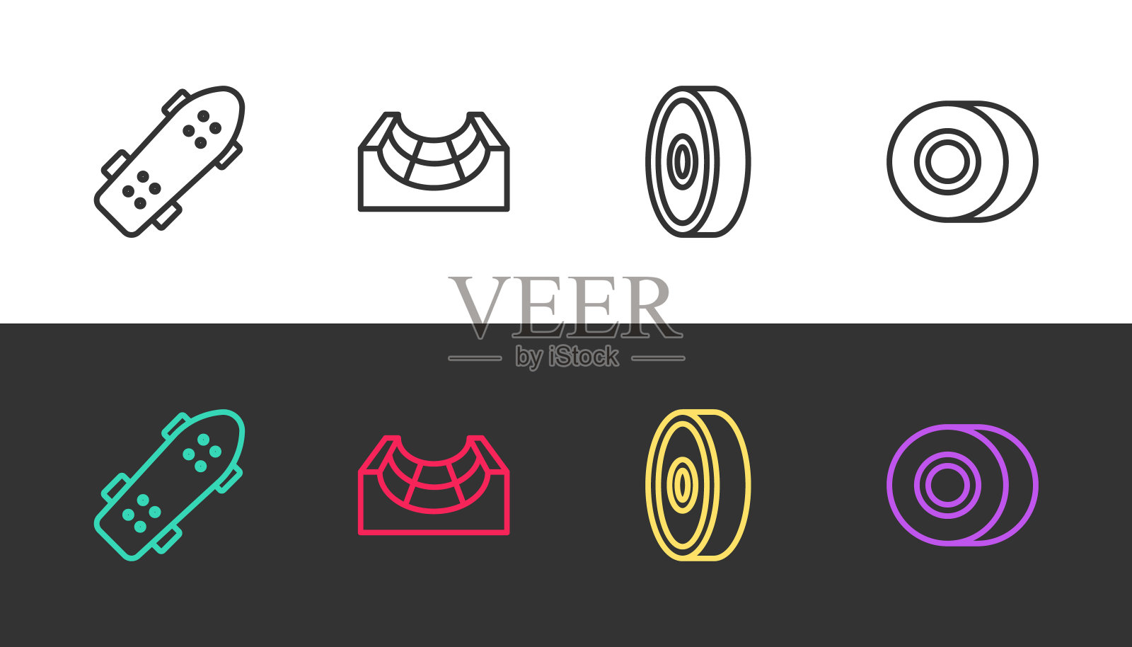 设置线滑板，公园，滚珠轴承和车轮上的黑色和白色。向量图标素材