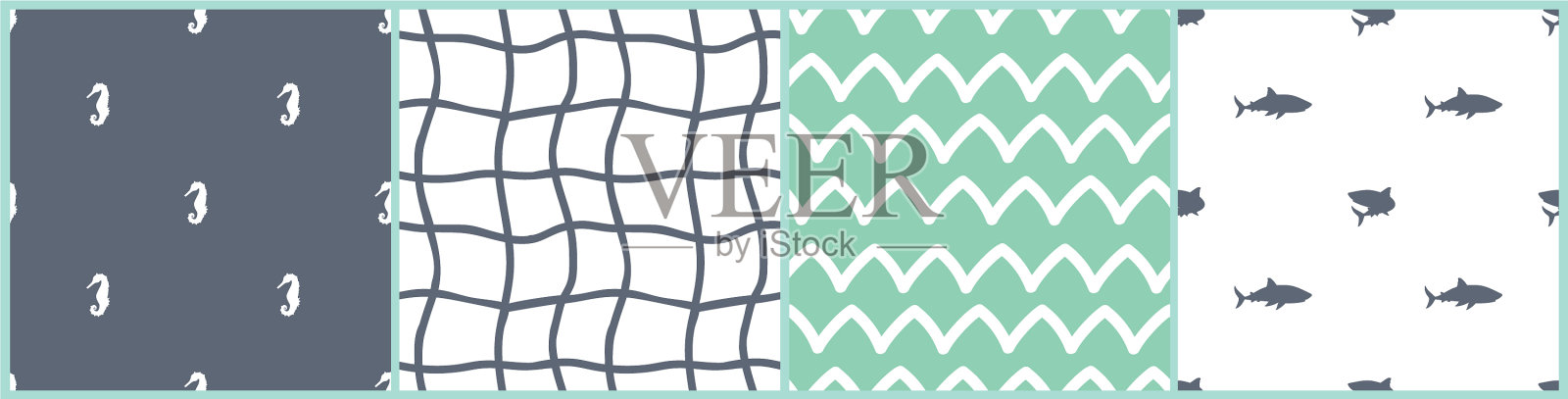 海马鲨鱼渔网与海浪无缝对接插画图片素材