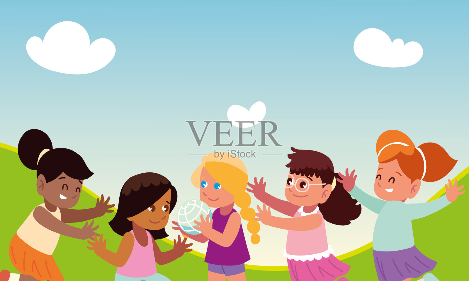 快乐的女孩们在外面玩耍插画图片素材