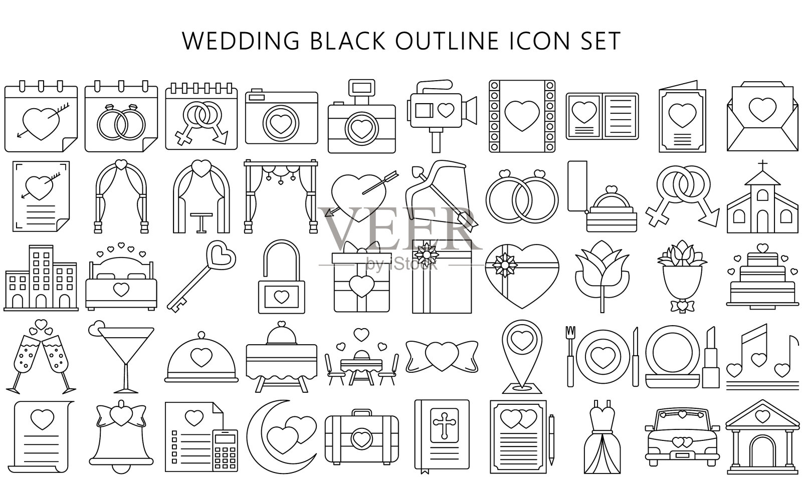 收集婚礼细线图标集图标素材