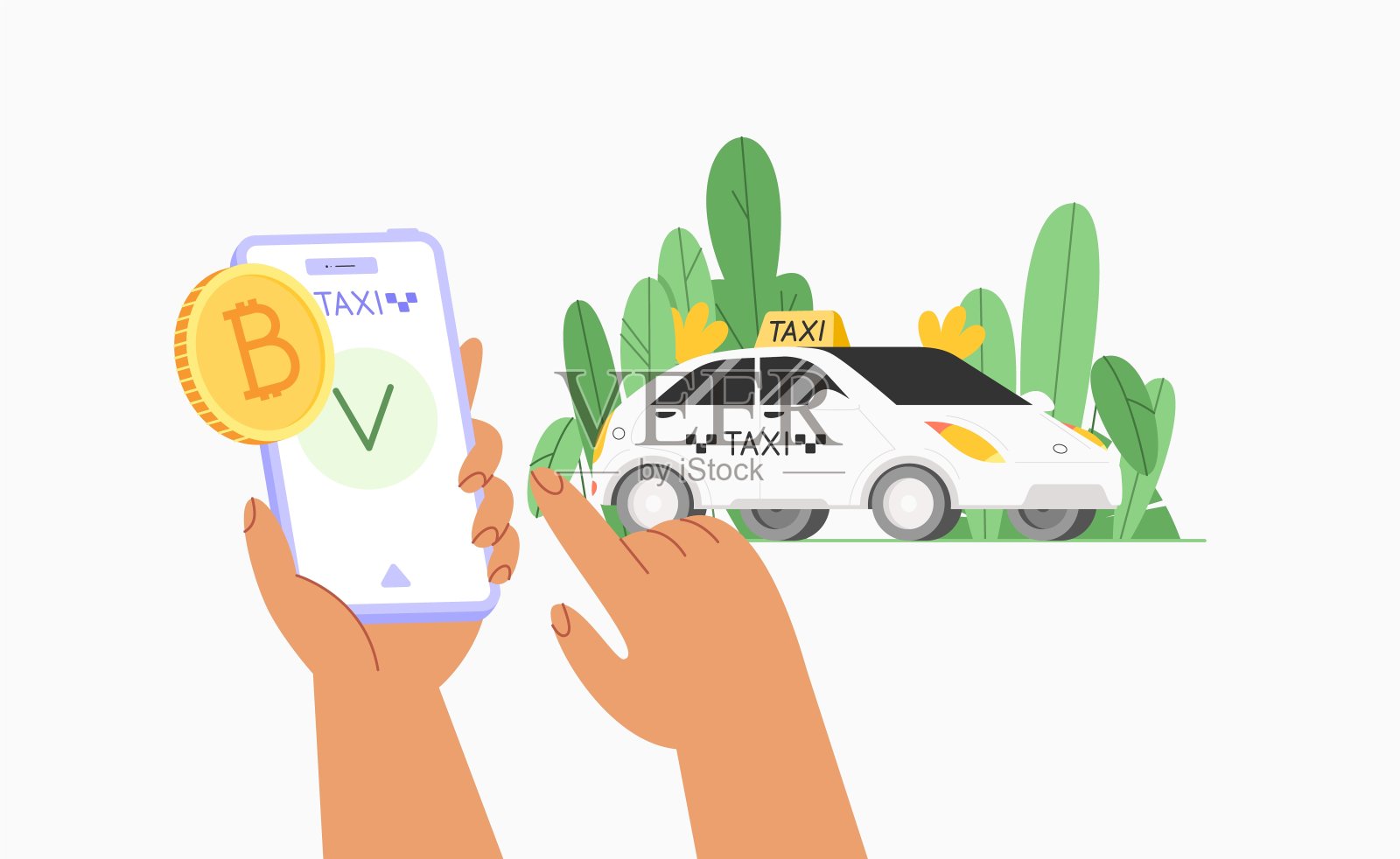 手拿着智能手机。无现金支付比特币是数字支付的未来。插画图片素材