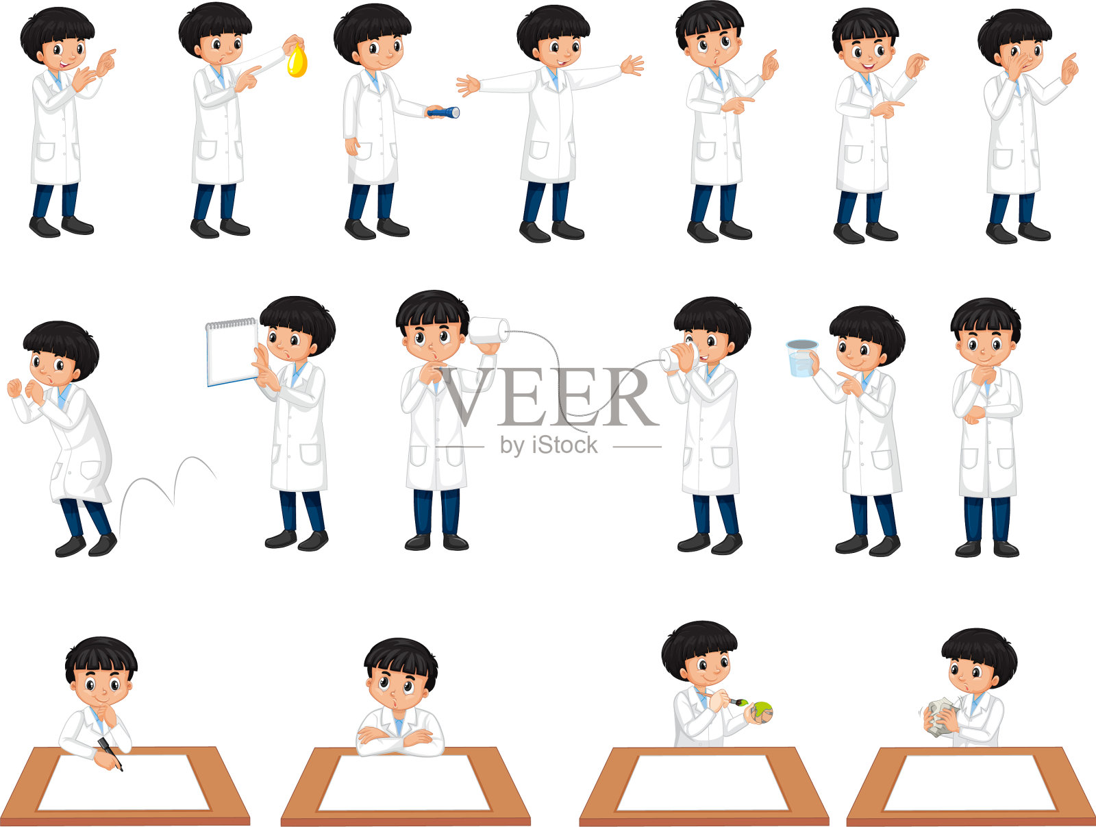 设置一个科学家男孩在不同的姿势卡通插画图片素材