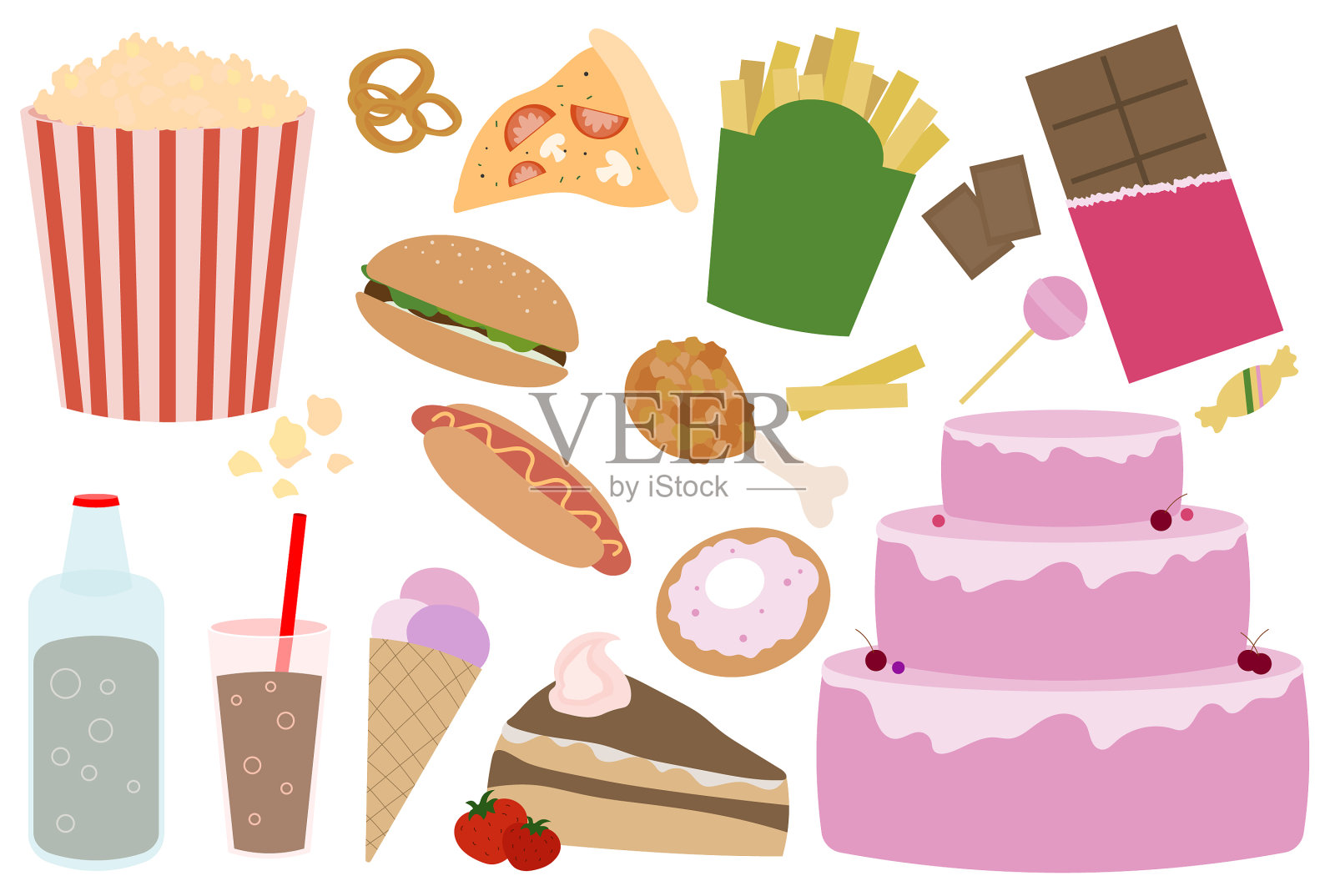 设置垃圾食品，快餐和糖果插画图片素材