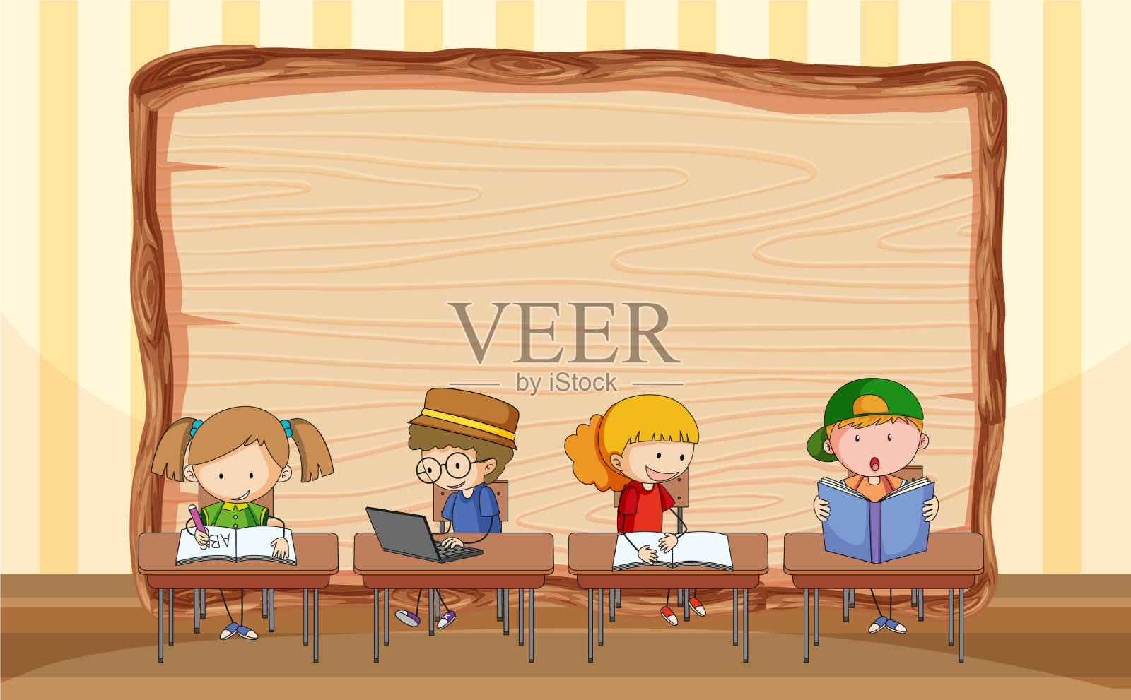 空木板和许多孩子做他们的插画图片素材