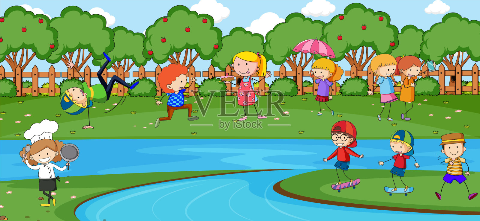 户外场景，许多孩子在公园里玩耍插画图片素材