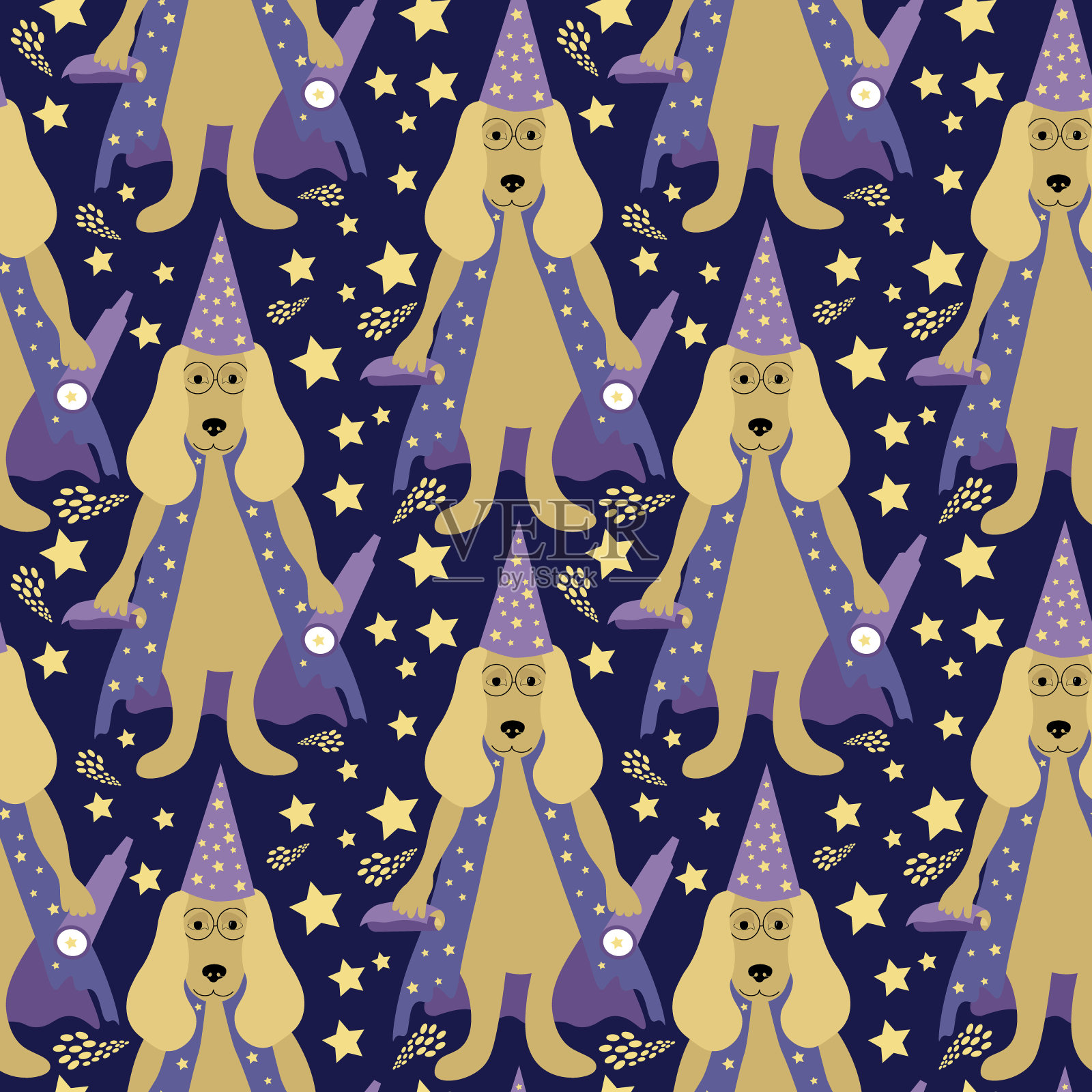 狗看星星的图案。深蓝色背景，星星，包裹，帽子，狗，望远镜。孩子们美丽的插图。戴眼镜的聪明动物。面料坯料，儿童纺织品，印刷插画图片素材