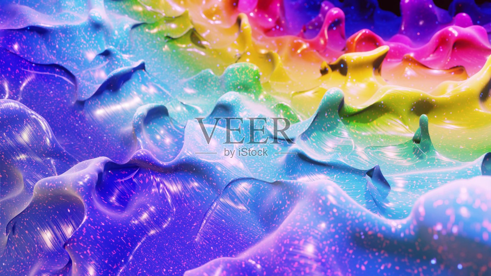 液体渐变彩虹色。明亮光泽的油漆表面作为抽象的节日背景。闪闪发光的粘性液体与三维溅在表面像滴。三维渲染照片摄影图片