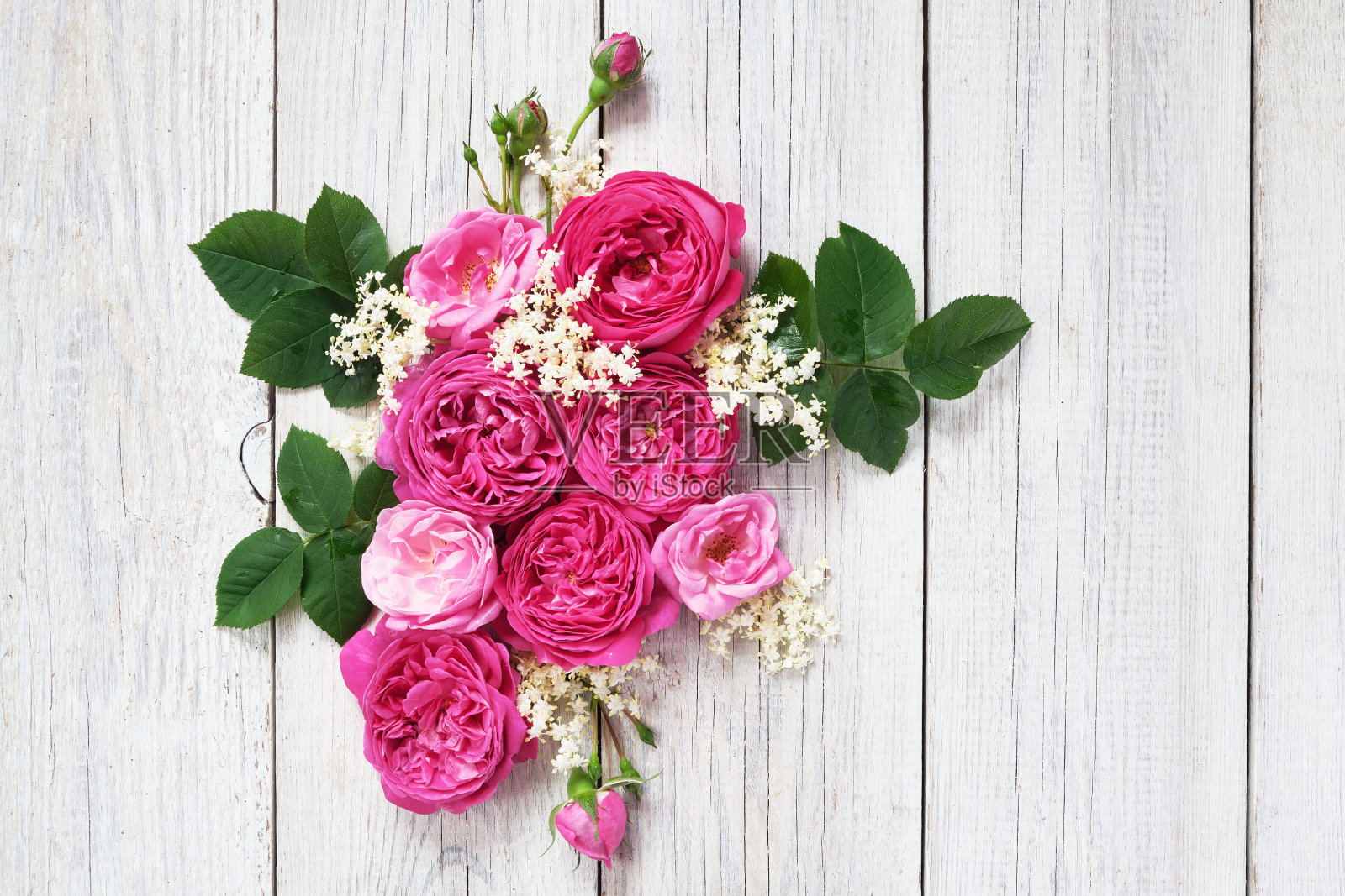 白色木制背景上粉红色玫瑰的花卉布局。花平铺，俯视图照片摄影图片
