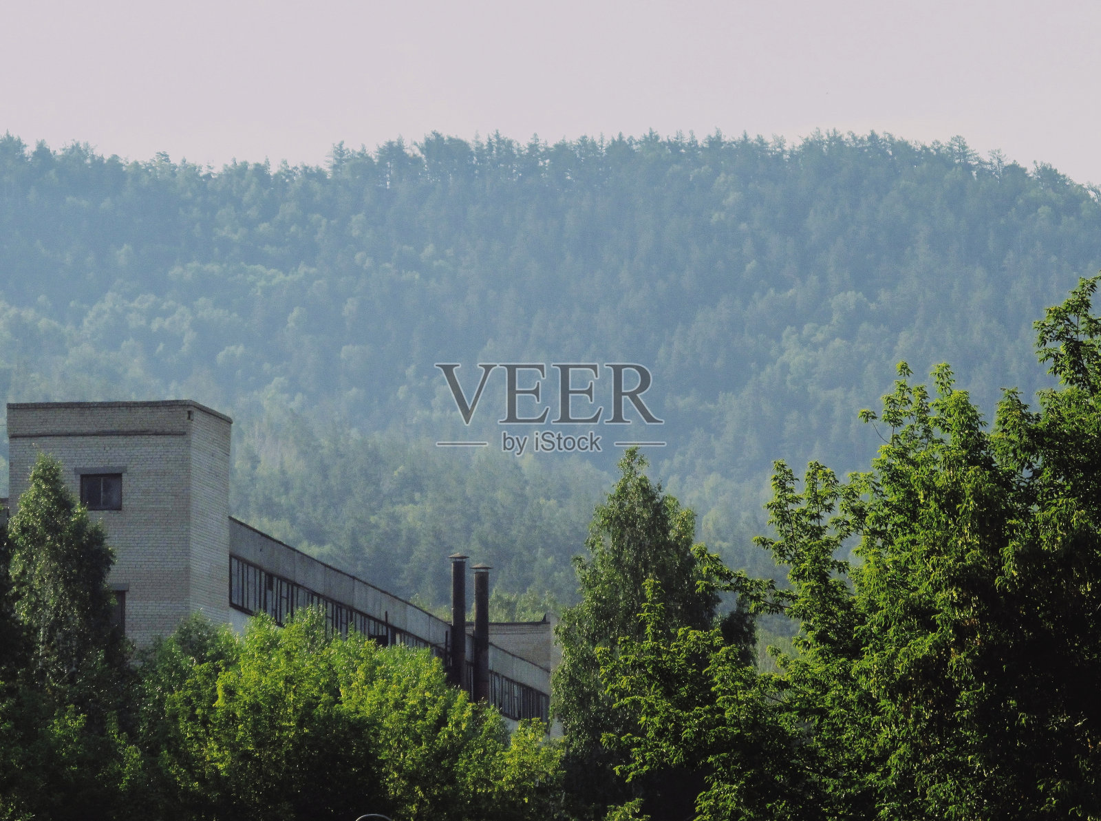 被森林和群山环绕的废弃建筑照片摄影图片