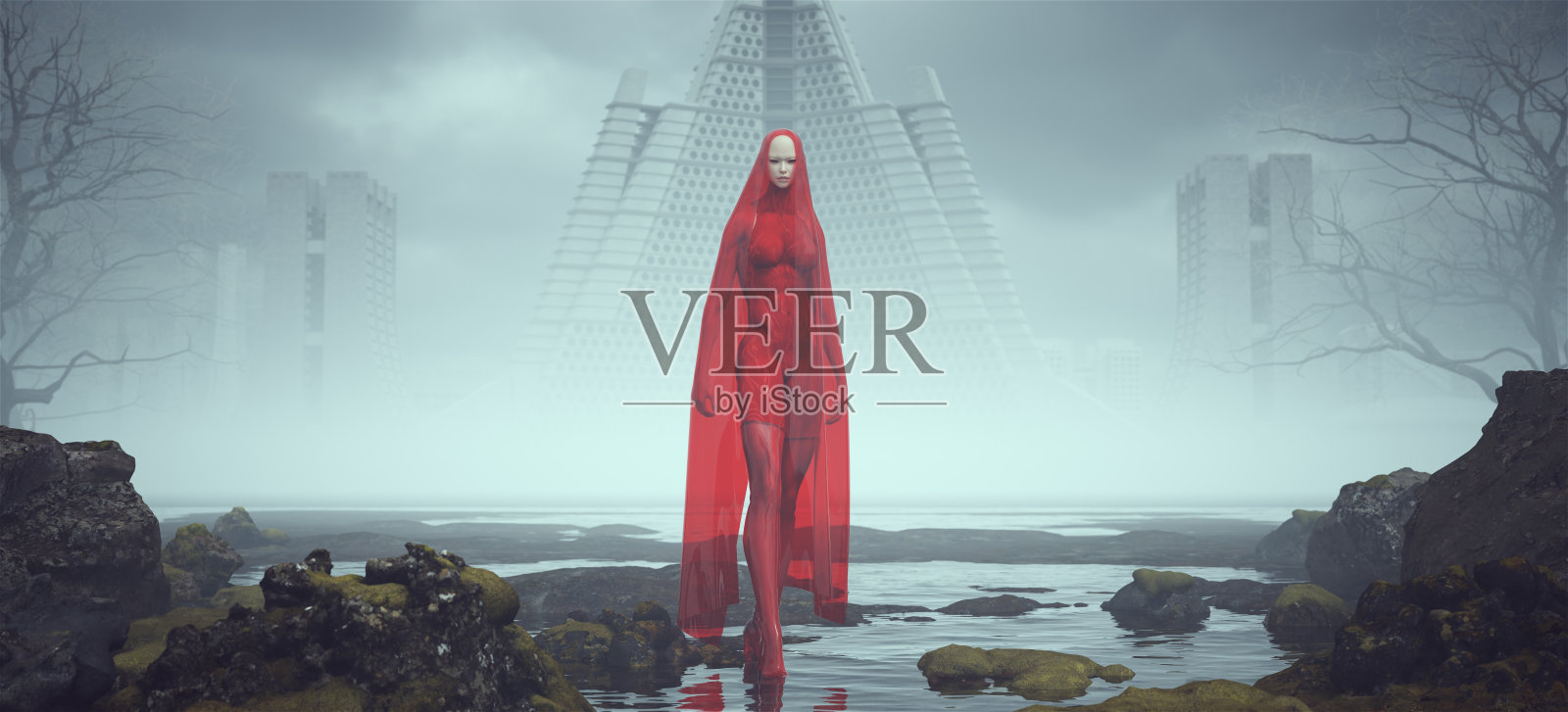 高大的未来科幻外星人超级英雄太空女人在红色外星景观神秘雾遗弃野兽派建筑照片摄影图片