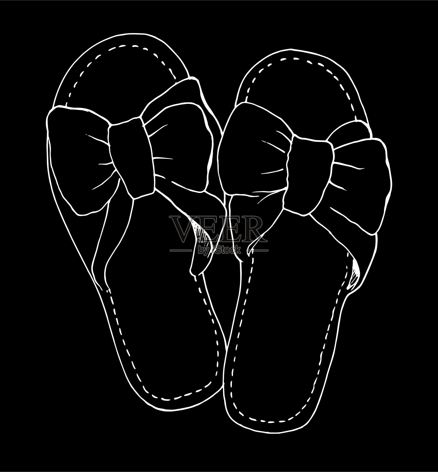 女人的拖鞋。手绘的家庭拖鞋与蝴蝶结在一个素描风格，一个孤立的轮廓白色背景上的一个复古的设计模板标签，包装，和标志。家里的鞋子设计元素图片