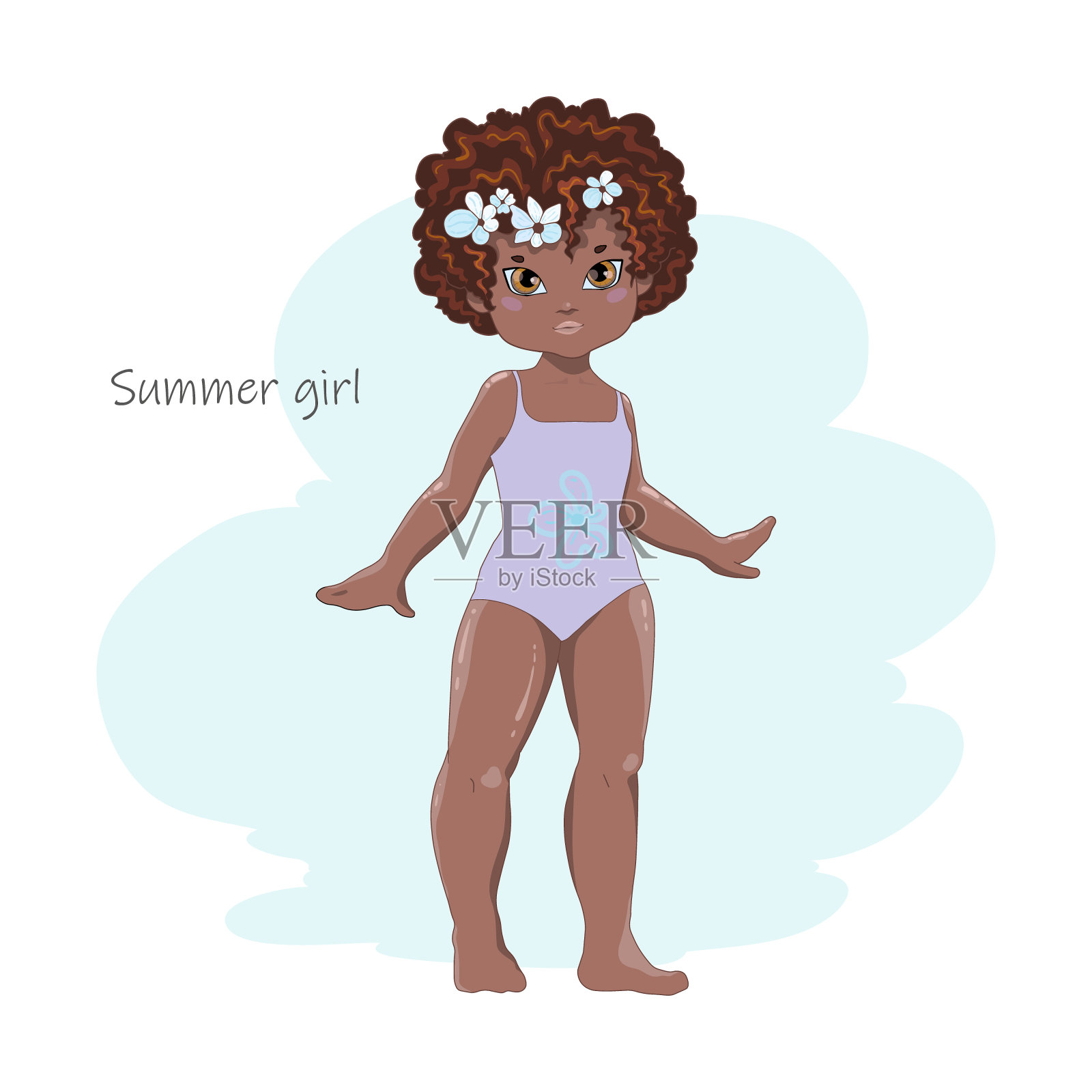 深色皮肤，穿着泳衣的小女孩。穿着泳衣的非裔美国女孩。矢量图插画图片素材