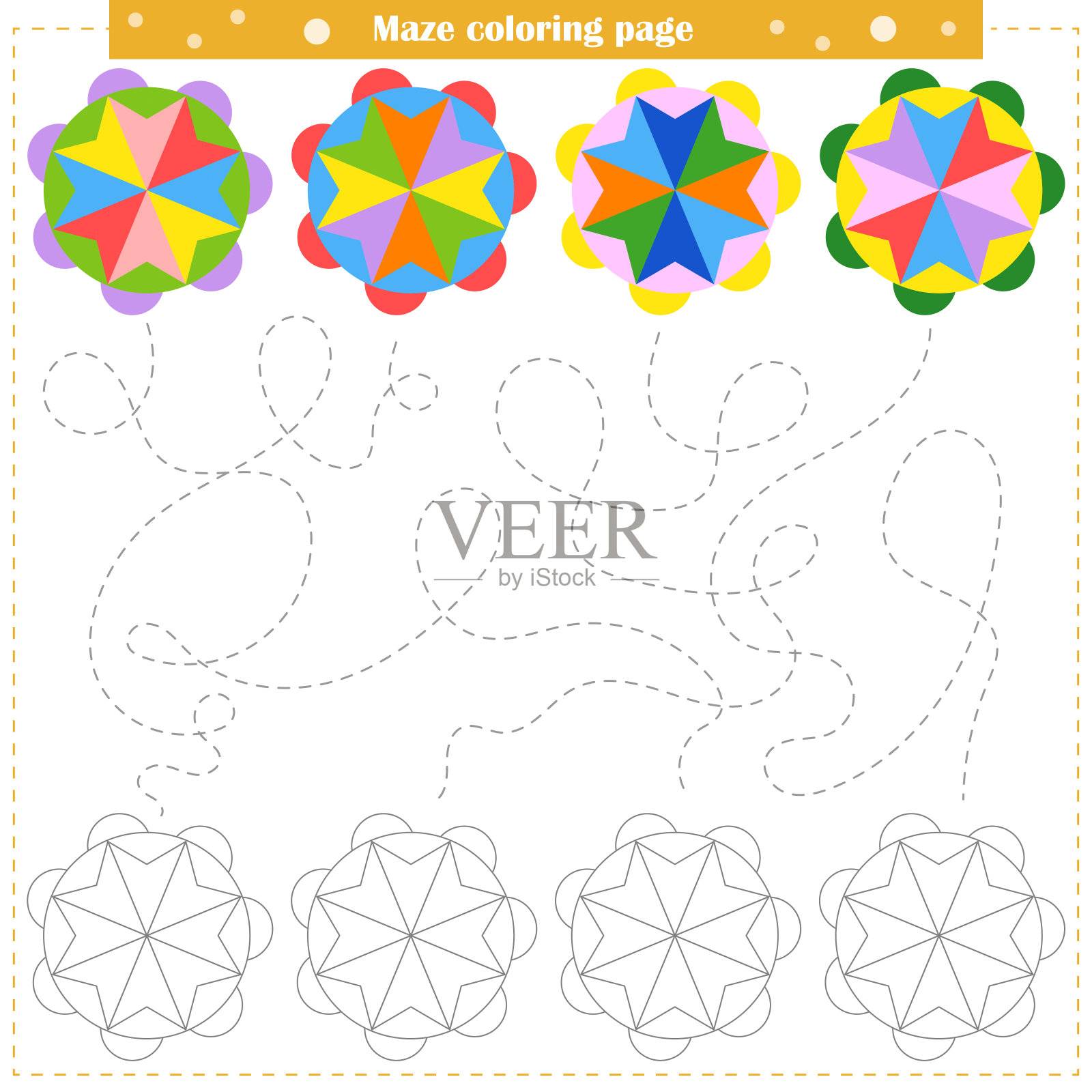 儿童逻辑游戏。穿过迷宫，根据图案给图案上色插画图片素材