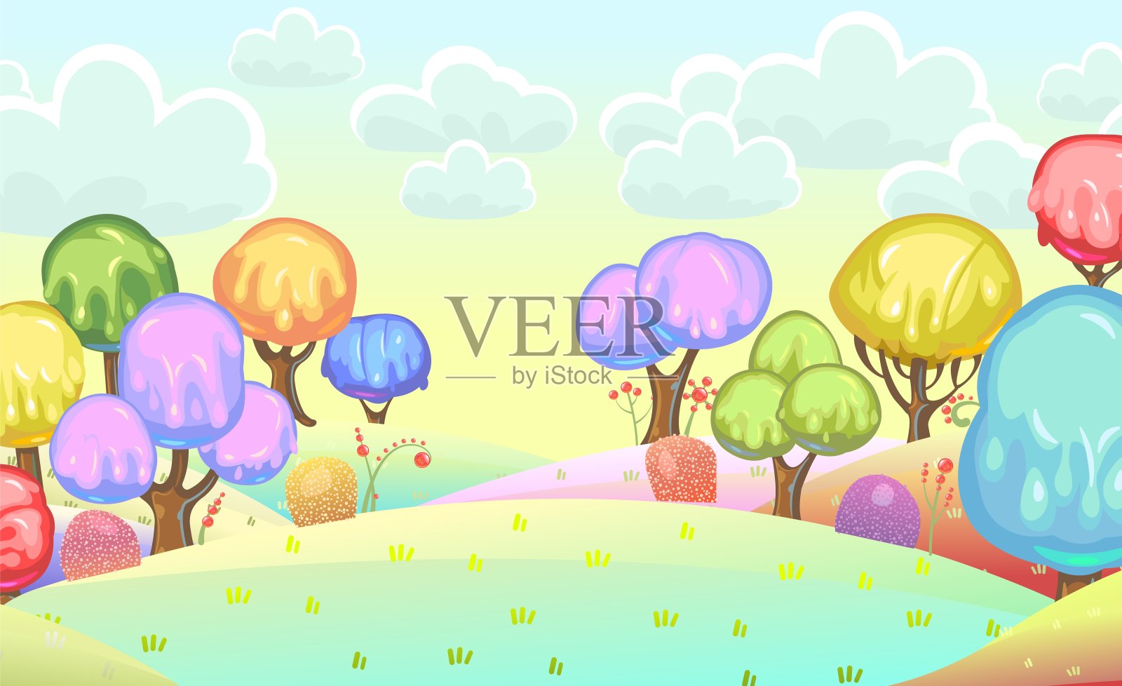 糖果的背景。卡通可爱的土地。果冻、冰淇淋和焦糖。巧克力。可爱的童话风景。云。美丽神奇的插图。向量插画图片素材