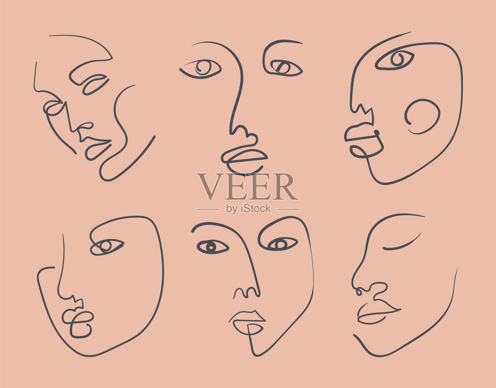 连续的线条，涂鸦脸的绘制，时尚简约的概念，矢量插图。现代时尚的模式插画图片素材