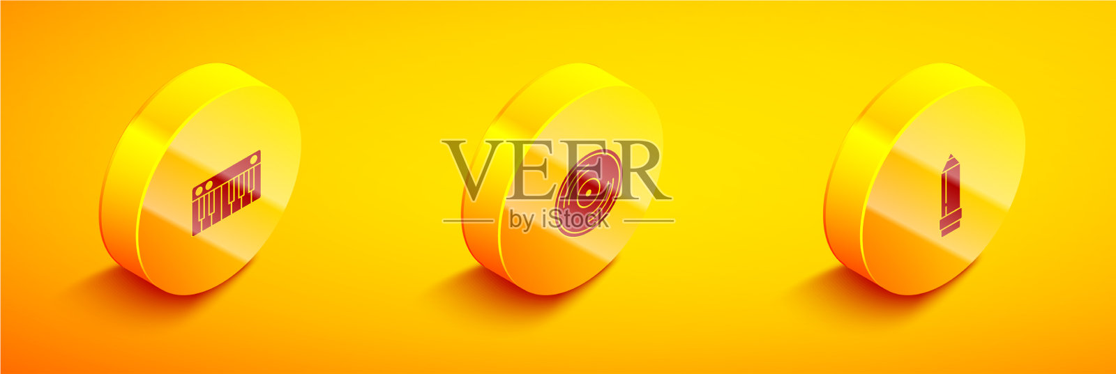 设置等距音乐合成器和黑胶唱片图标素材