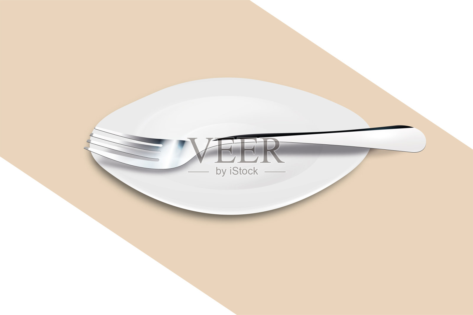 餐盘与叉子在米色画布与阴影。三维矢量插图设计的餐厅、咖啡馆。插画图片素材
