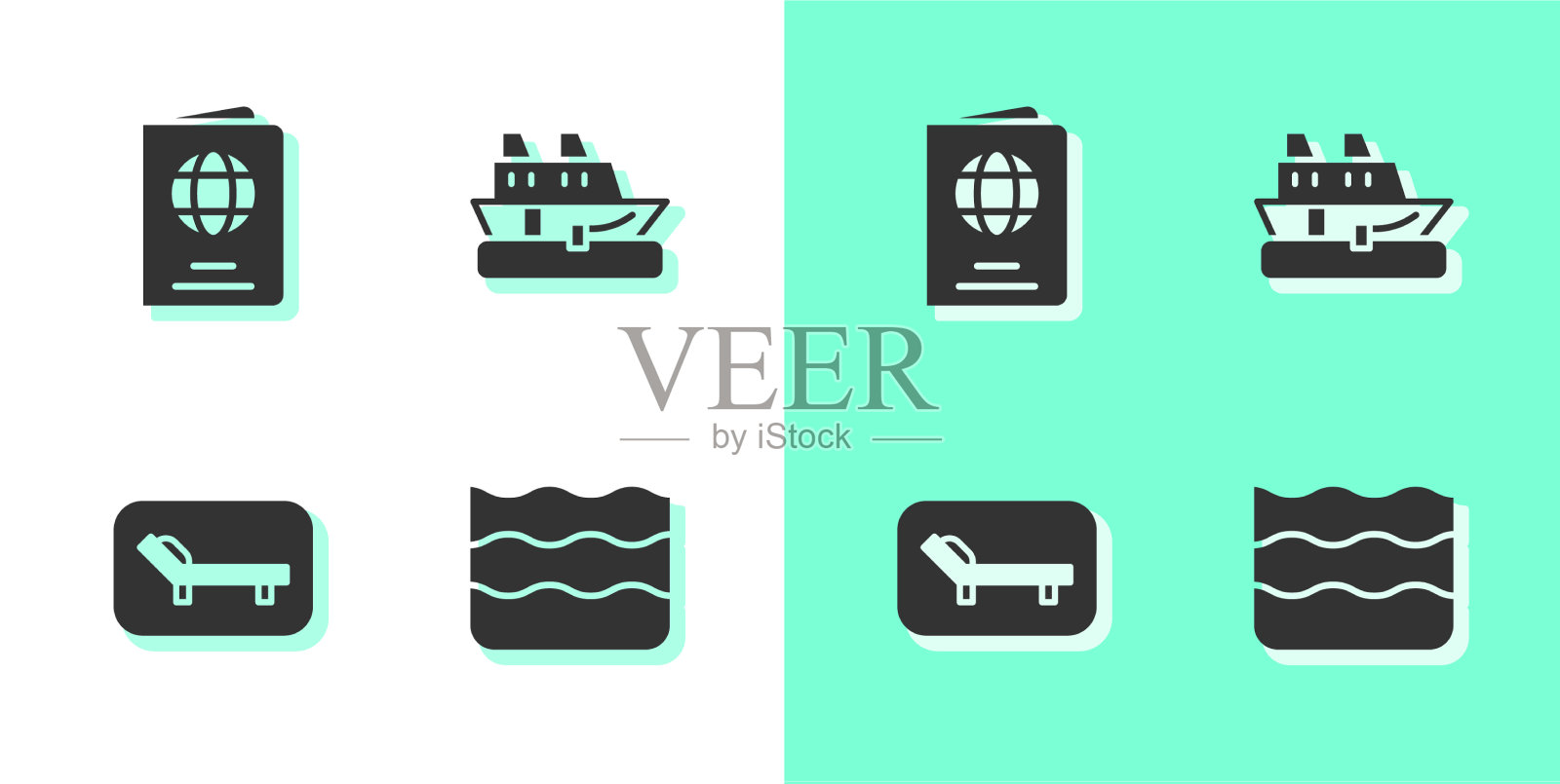 设置波浪护照太阳浴床和伞和巡航图标素材