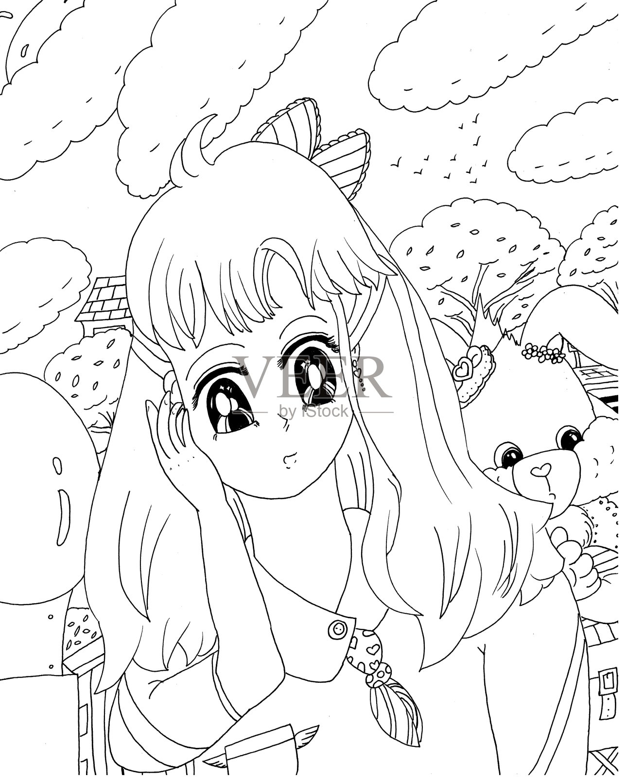 明亮甜美的长发动漫女孩与卡通兔子兔子惊讶的儿童涂色页插图2021年插画图片素材